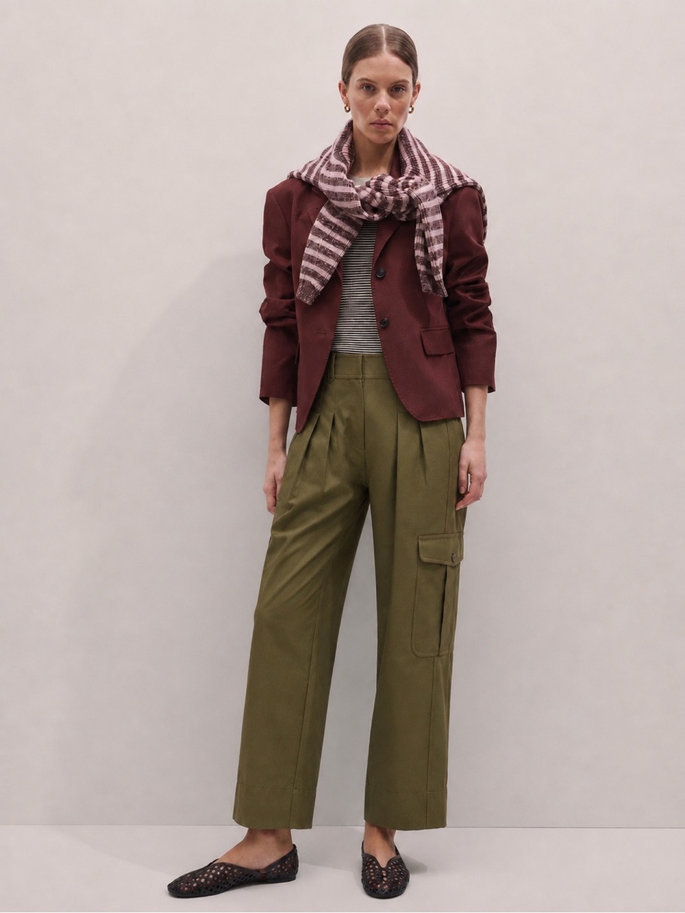 ME+EM | Dark Olive Green Barrel Leg Cargo Trousers ~ US 4